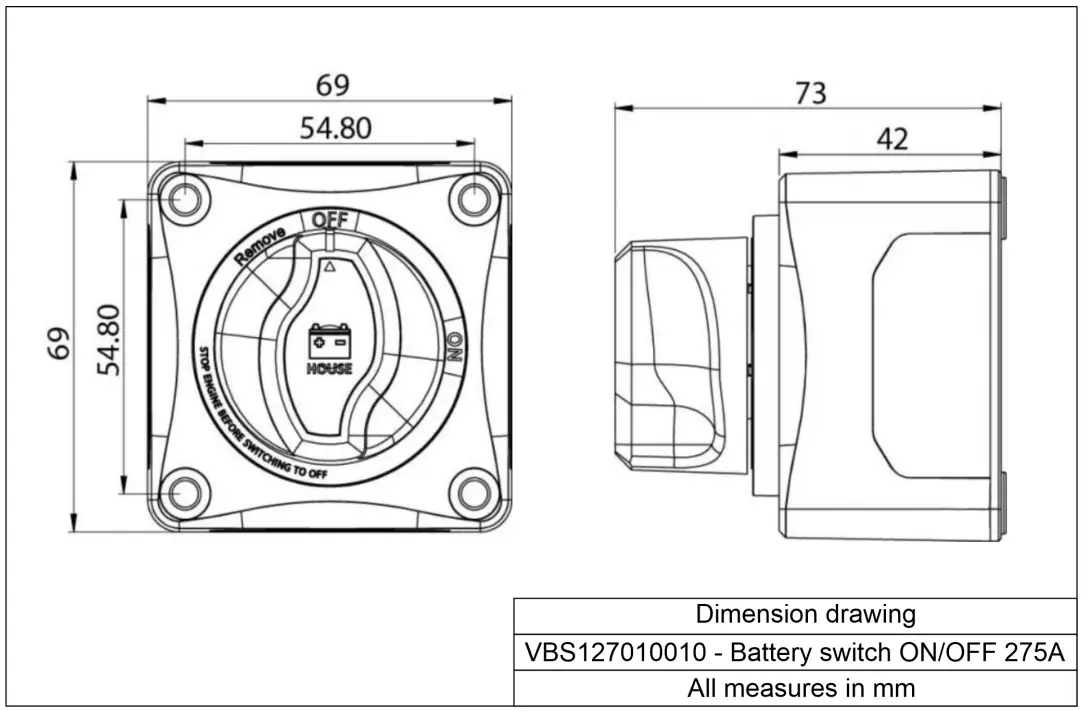 victron energy VBS127010010 Battery Switch ON OFF 275A - Enclosure dimensions