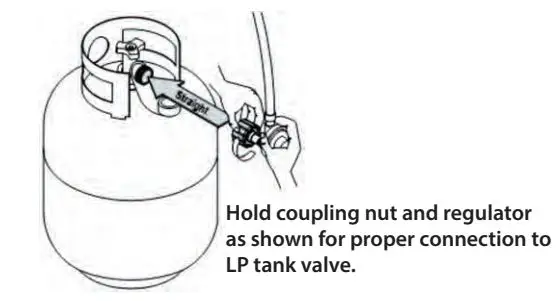 nutrichef NCGRIL2 Stainless Steel 4-Burner Propane Gas Grill User Guide - Hold regulator and insert nipple into LP tank valve