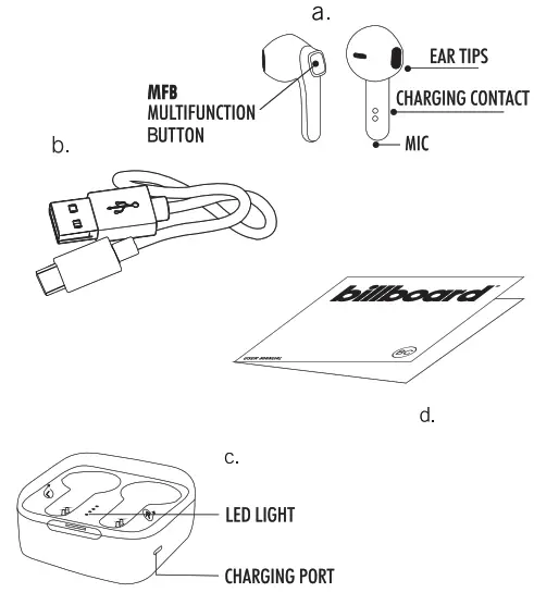 billboard BB2400 True Wireless Earbuds - package contentenc