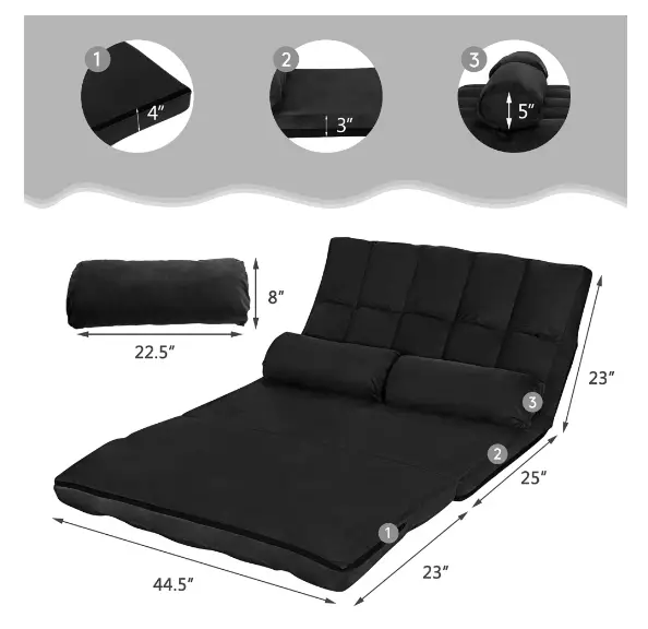 COSTWAY HW66174HS 44.5 in Black Solid Foldable Floor Sofa Bed