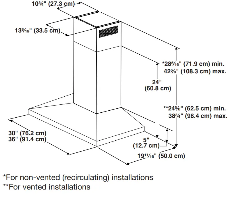 KitchenAid KVWB406DSS Wall Mount Canopy Range Hood - Product Dimensions