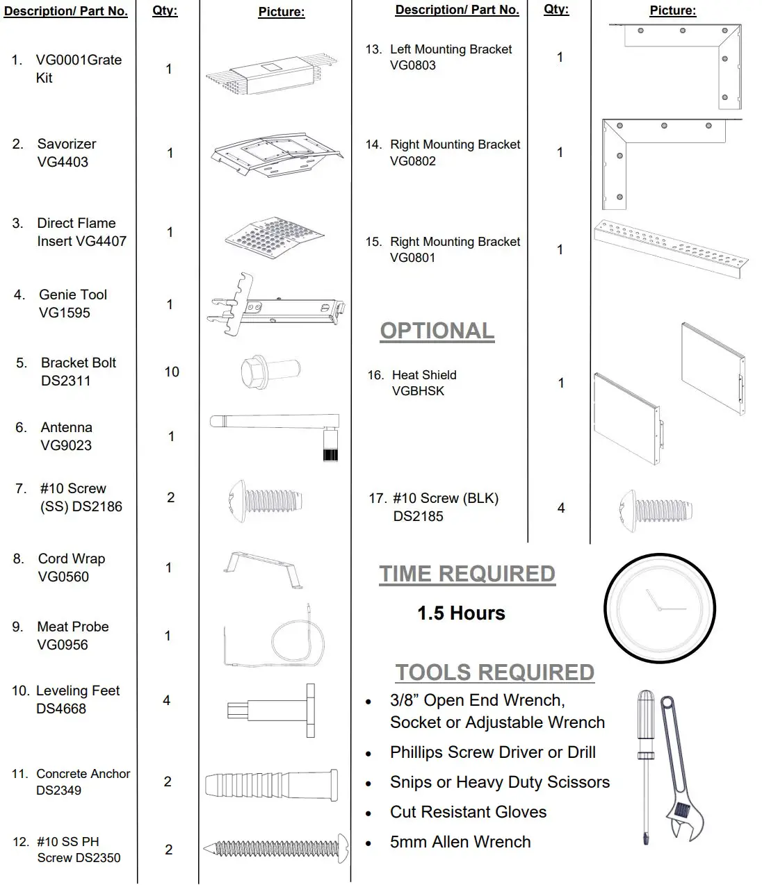 VGB0001S 28-Inch Stainless Steel Built-In Grill - Hardware Components