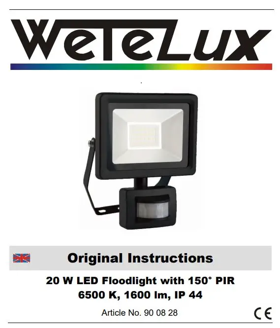 Wetelux 20W LED Floodlight with 150° PIR 6500 K, 1600 lm, IP 44 Instructions