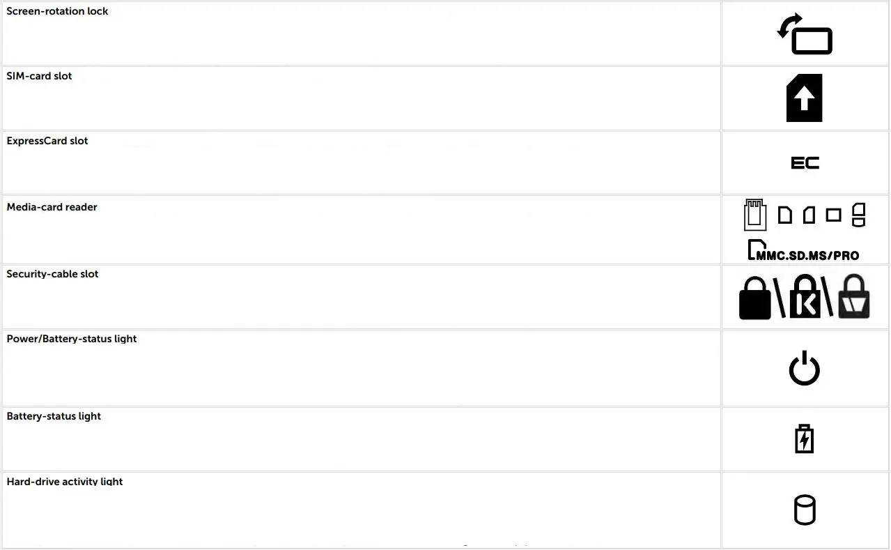 DELL Vostro 3420 14 Inch Laptop User Guide - Icons