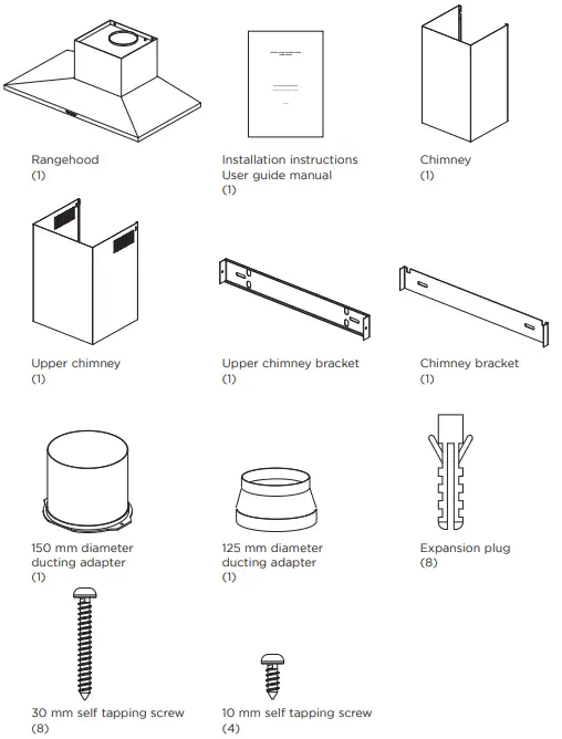 FISHER PAYKEL HC60PLX4 Chimney Pyramid Rangehood - Contents of packaging