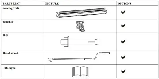 FIG 1 PART LIST FOR MANUAL AWNING
