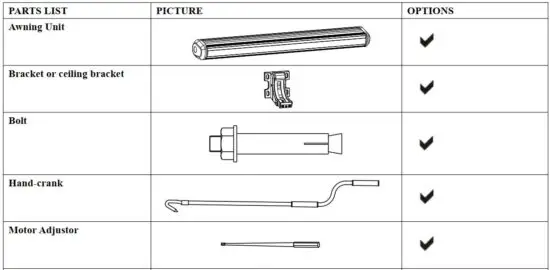 FIG 2 PART LIST FOR MANUAL AWNING