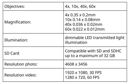 BRESSER 5702100 Researcher LCD Digital Microscope - Technical data