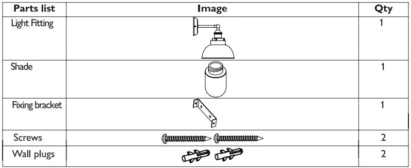 John Lewis Baldwin Wall Light User Manual - Parts list