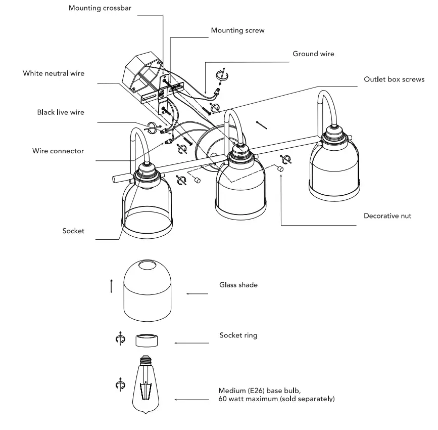 globe 91002144 Devonport 24 Inch 3-Light Matte Black Vanity Light with Clear Glass Shades - Fig 1