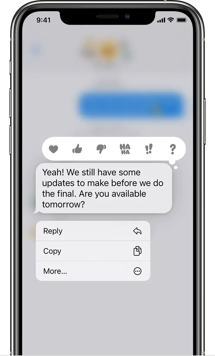 iPhone showing inline reply menu after you touch and hold a message bubble to send an inline reply.