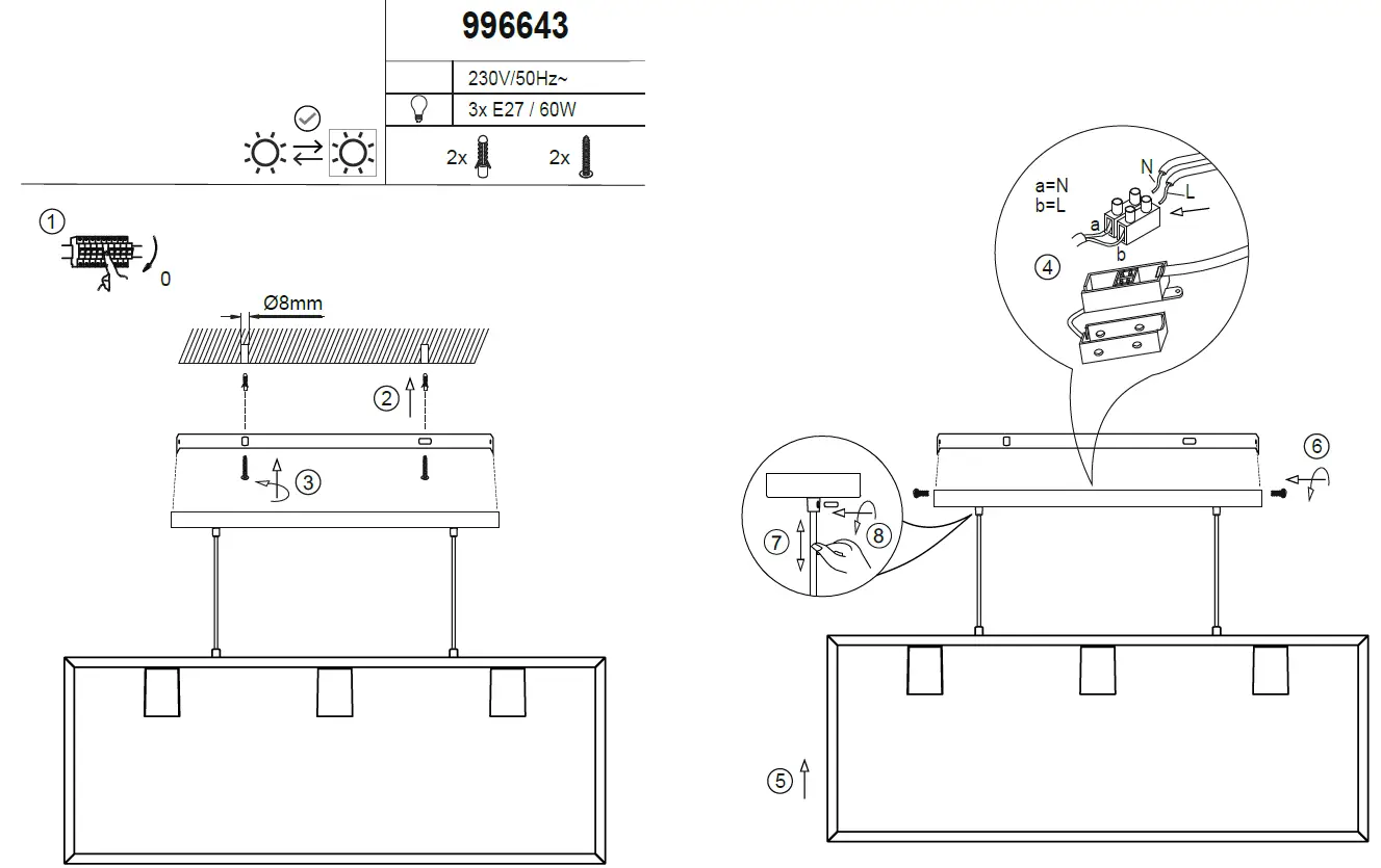 LED pendant light, black, wooden frame, metal, 3-light pendant lamp 1