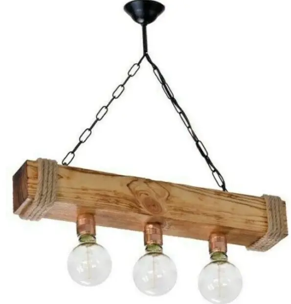 LED pendant light, black, wooden frame, metal, 3-light pendant lamp