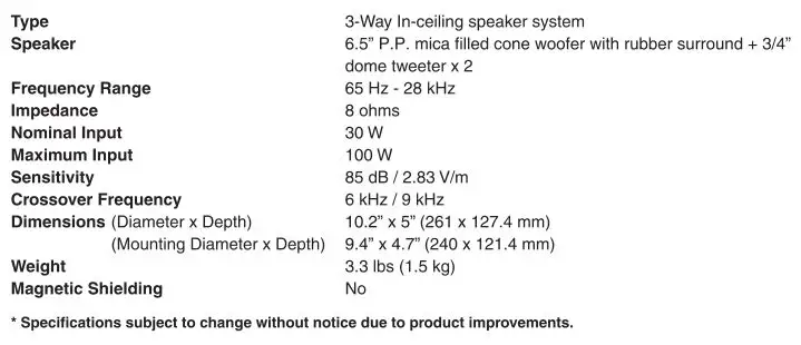 Yamaha In-Ceiling Speaker NS-IW280C - Specifications