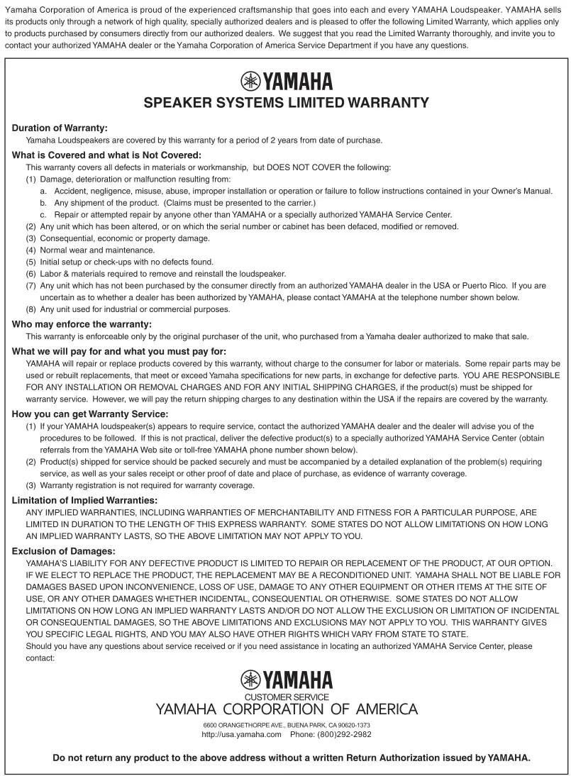 Yamaha In-Ceiling Speaker NS-IW280C - Warranty