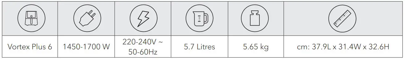 Instant VORTEXTM PLUS 5.7 Litre Air Fryer - Product Specifications