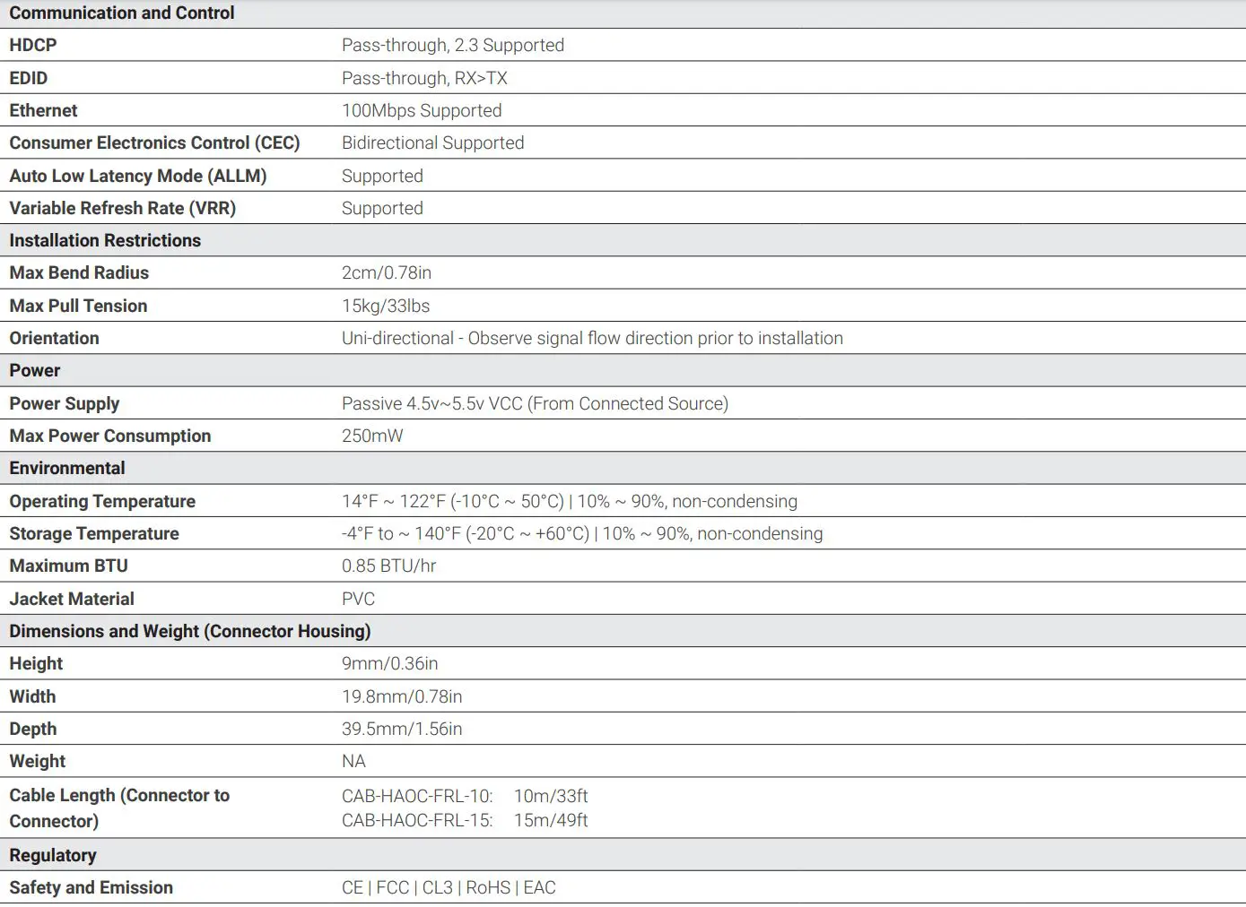 WyreStorm CAB HAOC-FRL 10 48Gbps 8K 60 HDR 444 Active Optical HDMI Cable User Guide - Specifications