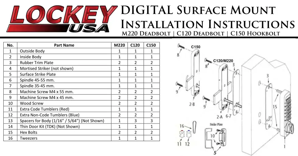 LOCKEY USA M220 Deadbolt Digital Surface Mount Instruction Manual & Parts List