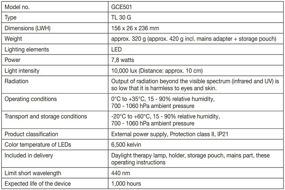 beurer Phototherapy Unit TL 30 - Daylight Therapy Lamp Instructions - Technical specifications