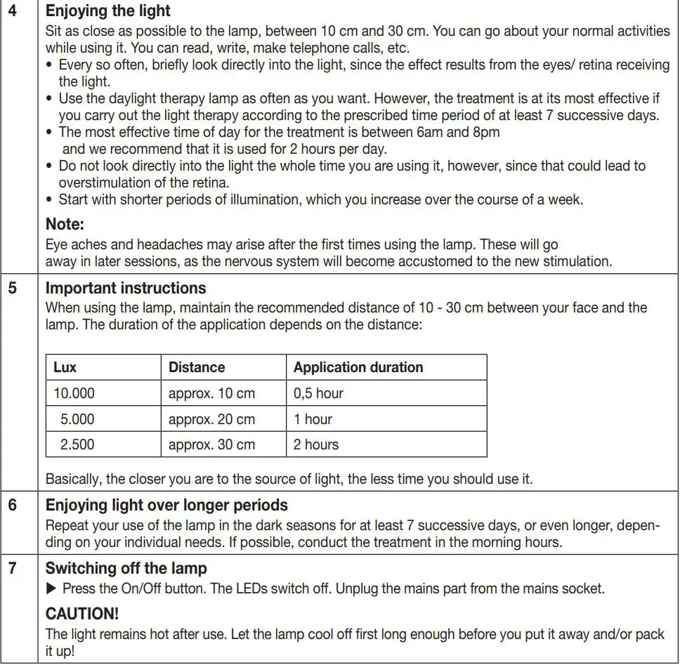beurer Phototherapy Unit TL 30 - Daylight Therapy Lamp Instructions - Usage
