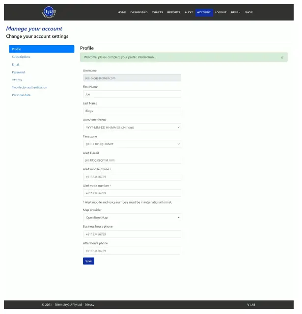 Telemetry2U IoT Platform Registering an Account fig 2