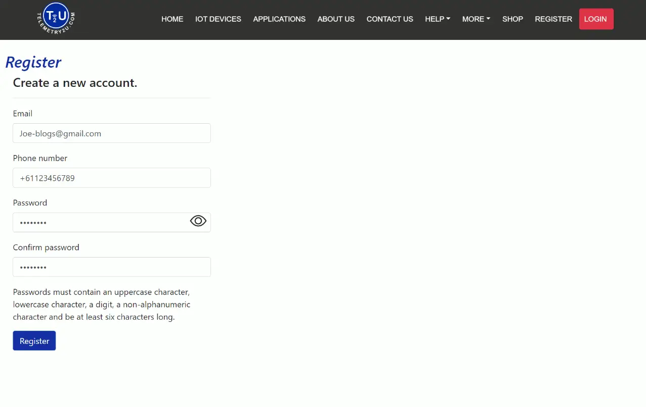Telemetry2U IoT Platform Registering an Account product
