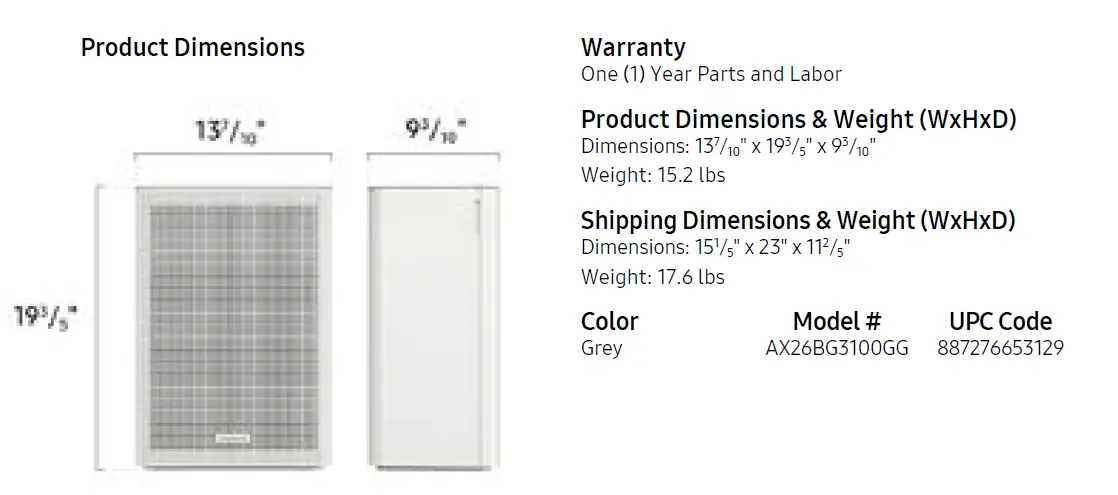 SAMSUNG AX26BG3100GG Bluesky Compact Air Purifier 9