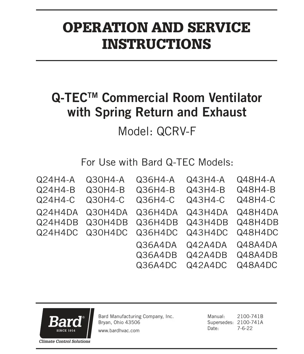 Bard QCRV-F Commercial Room Ventilator with Spring Return and Exhaust User Manual