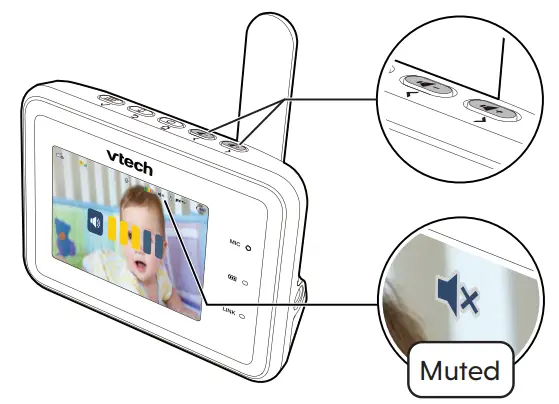 vtech RM2751 2.8 Inch Smart WiFi 1080p Video Monitor - Adjust speaker volume