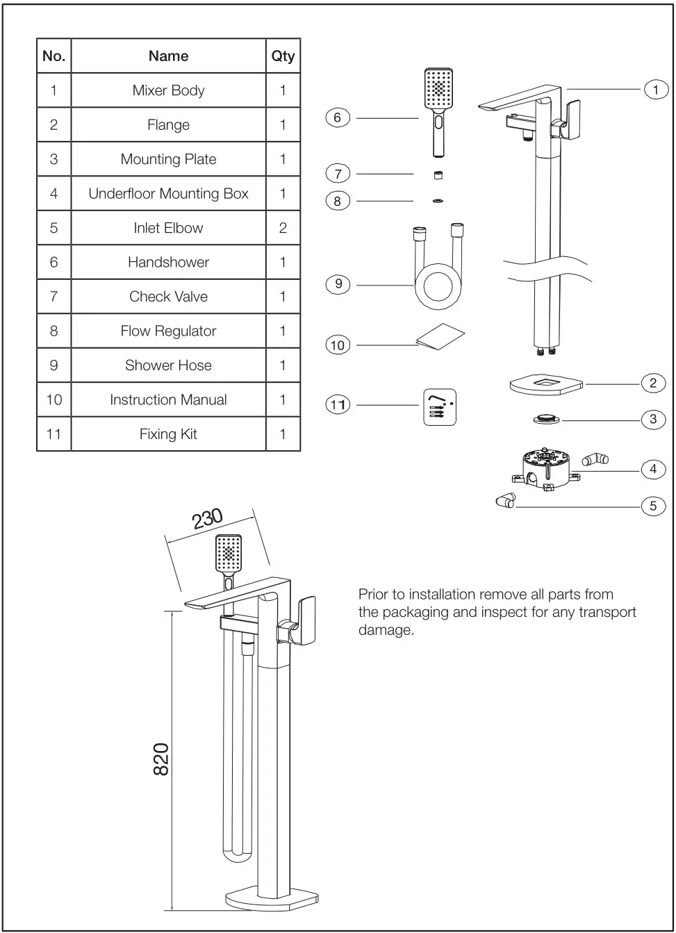 progetto C1500 Como Floor Mount Bath Filler and Handshower - INSTALLATION INSTRUCTIONS