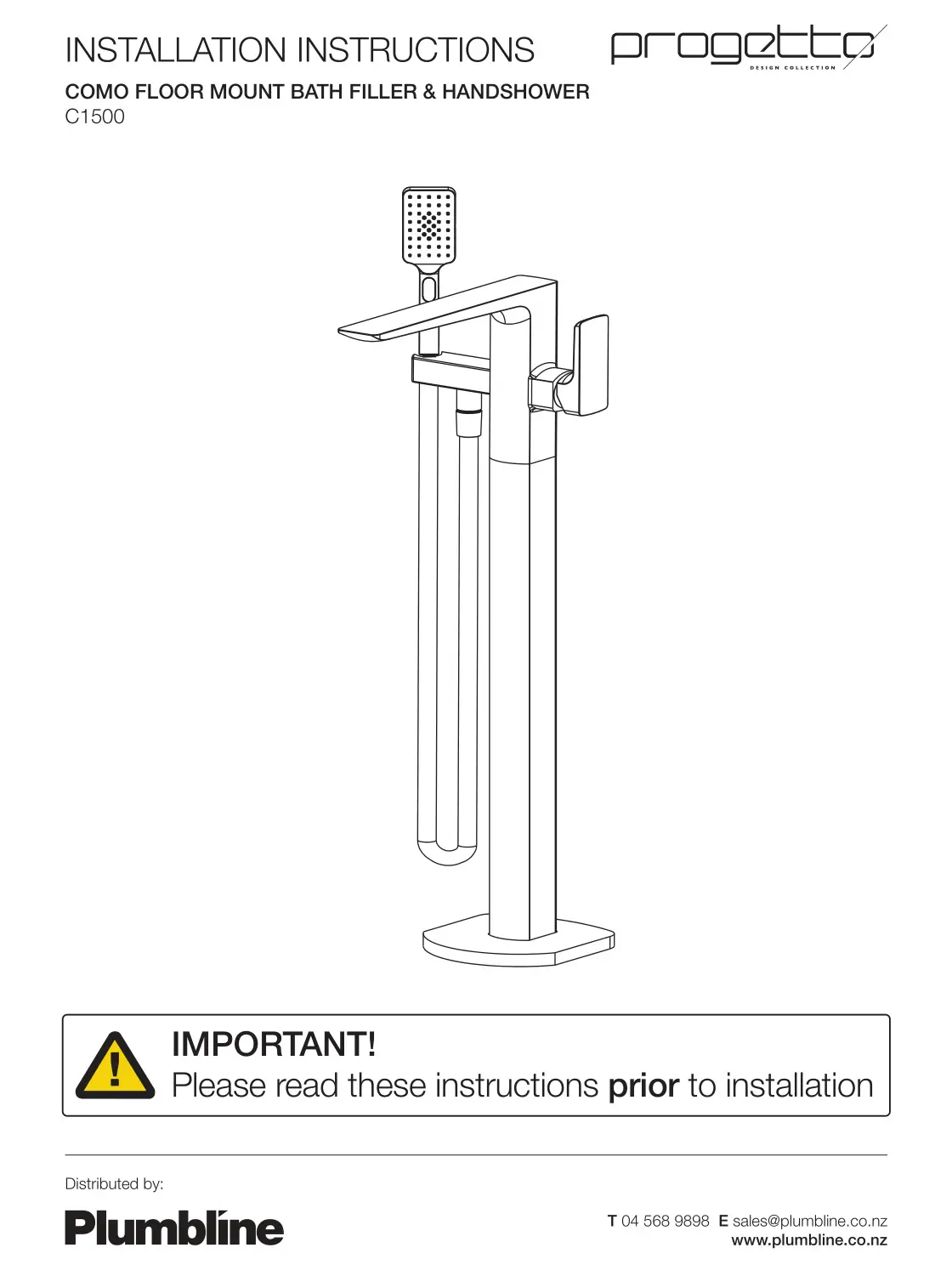 progetto C1500 Como Floor Mount Bath Filler and Handshower Instruction Manual