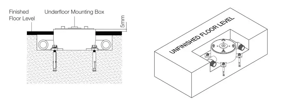 progetto C1500 Como Floor Mount Bath Filler and Handshower - The Underfloor Mounting Box must be recessed into the floor and levelled (using the spirit level provided)