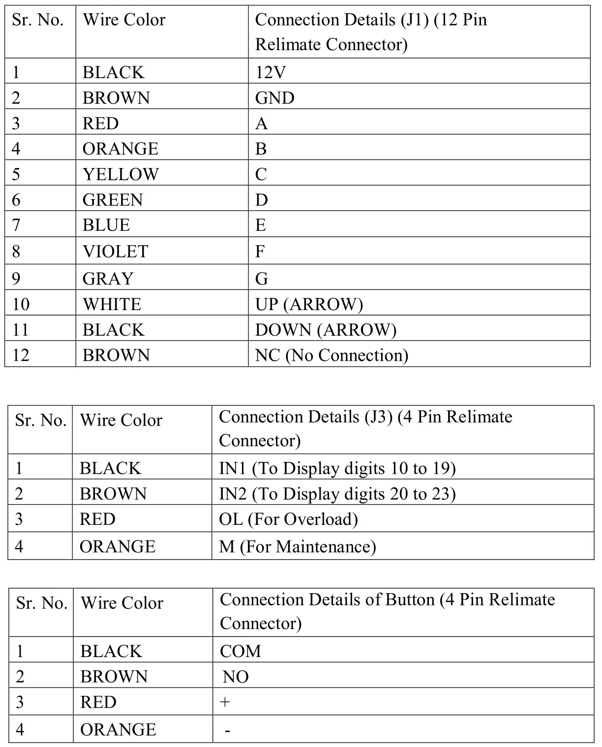 INDITECH Parallel Cop 200X1000 Dot Button White Facia 12v G+4 - DISPLAY AND SWITCH CONNECTION DETAILS