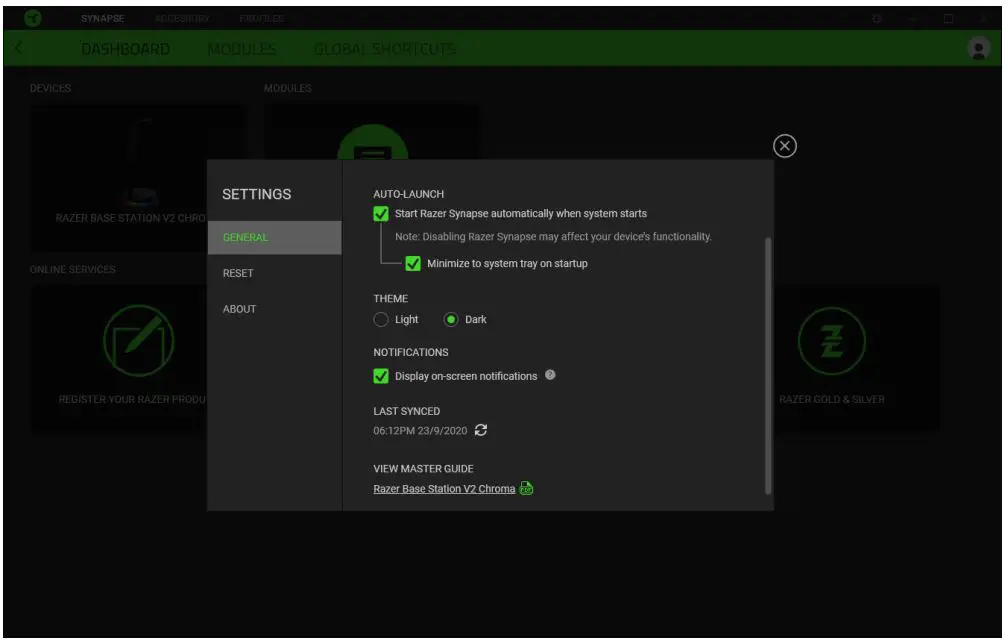 RAZER RC21-01510100-R3U1 Base Station V2 Chroma RGB Lighting User Guide - Settings Window