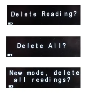 Readings are taken in order, so the first is 1 the last reading would be 999. One press of the delete icon will allow you to delete the last reading only. Press the green OK button to do so. A second press of the delete button will allow you to delete all readings in the list in one go. Just press the green OK button. The other time you are forced to delete all readings is when you change the measurement mode mid-way through readings you have already done.