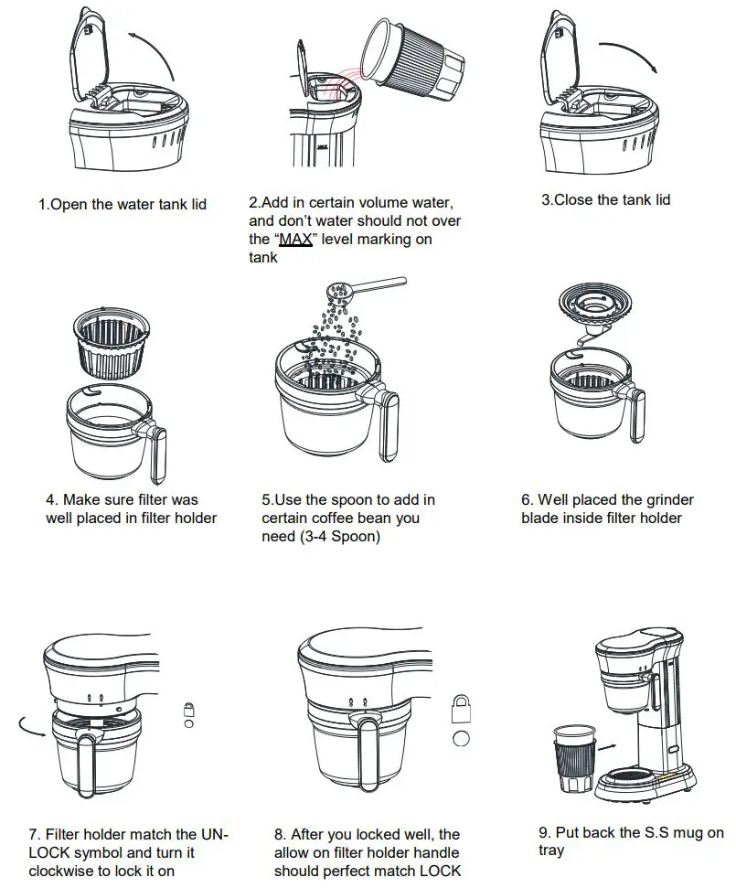 TurboTronic TT-CM25 Grind & Brew Coffee Machine Instruction Manual - GRIND & BREWING OPERATION