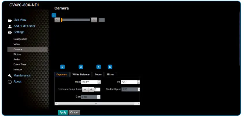 Marshall CV420-30X-NDI Zoom Block Camera-Camera Settings
