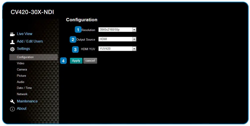 Marshall CV420-30X-NDI Zoom Block Camera-Configurations