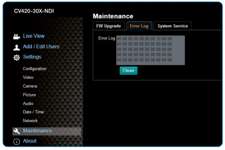 Marshall CV420-30X-NDI Zoom Block Camera-Error Logs