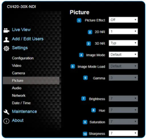 Marshall CV420-30X-NDI Zoom Block Camera-Picture Settings