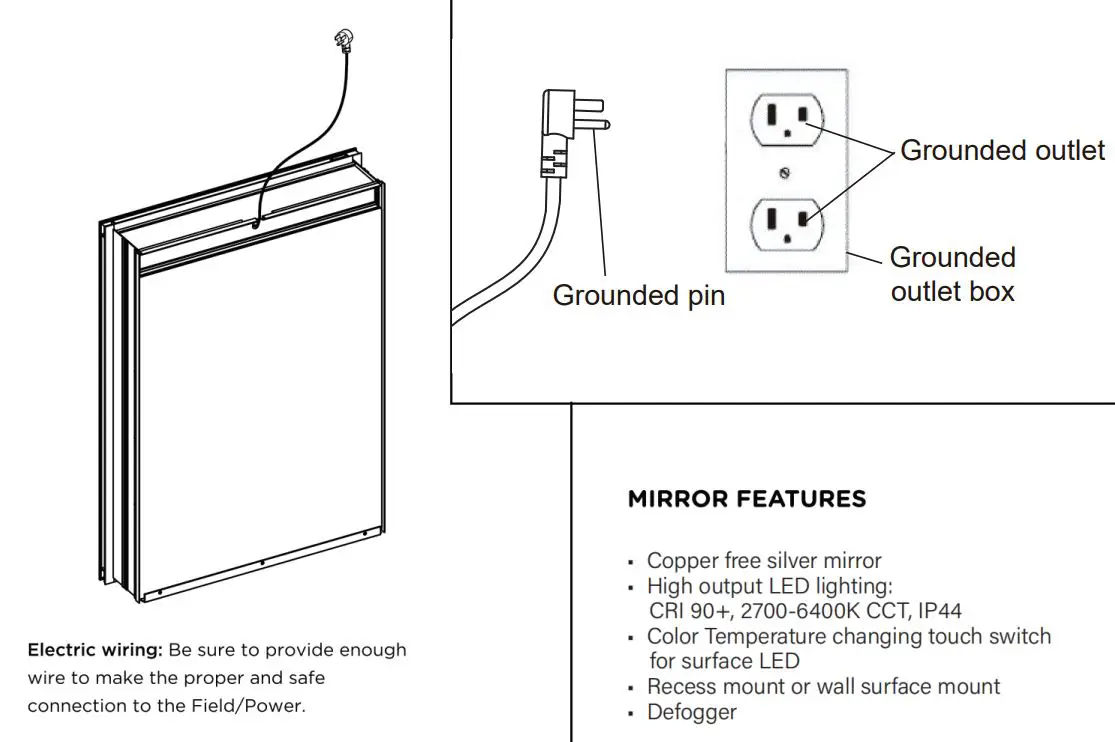 ANGELES HOME W3MCL2030R Silver Aluminum Recessed-Surface Mount Medicine Cabinet with Mirror Instruction Manual - Electric connections