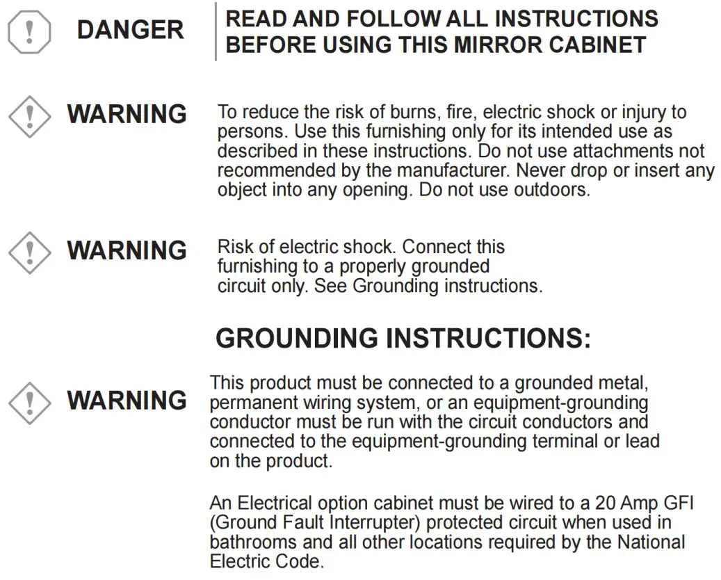 ANGELES HOME W3MCL2030R Silver Aluminum Recessed-Surface Mount Medicine Cabinet with Mirror Instruction Manual - Important Safety instructions