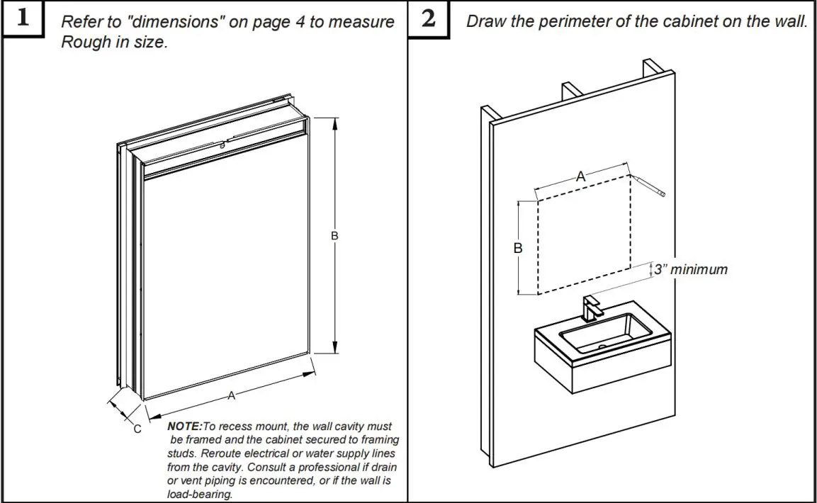 ANGELES HOME W3MCL2030R Silver Aluminum Recessed-Surface Mount Medicine Cabinet with Mirror Instruction Manual - Recess installation