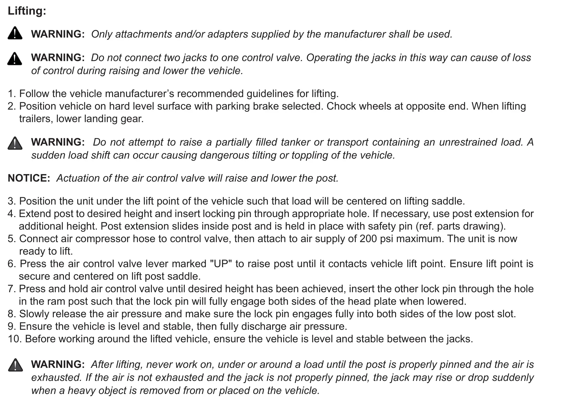 ATD-7350A 10-Ton Air Jack Support Stand - OPERATION
