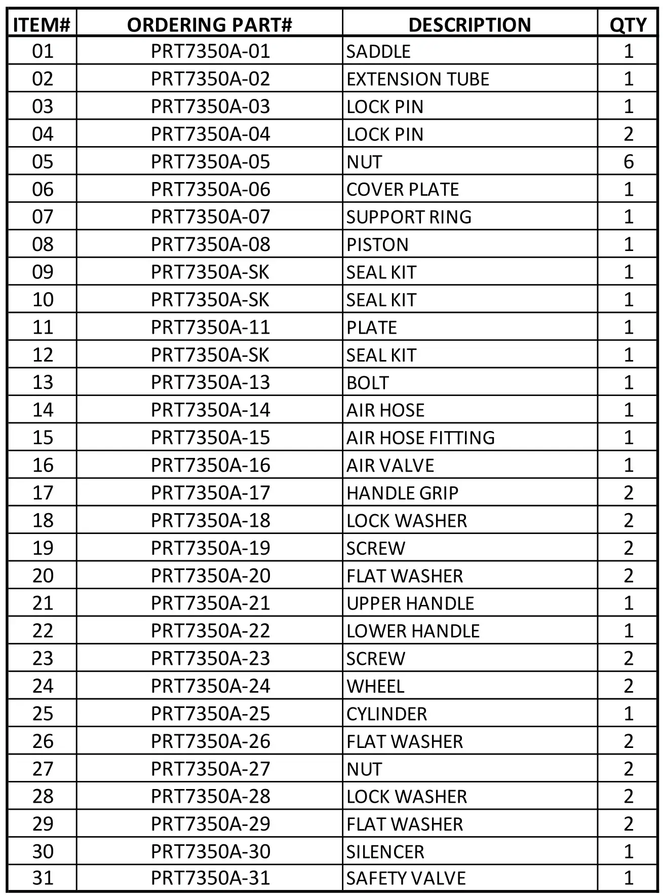 ATD-7350A 10-Ton Air Jack Support Stand - REPLACEMENT PARTS