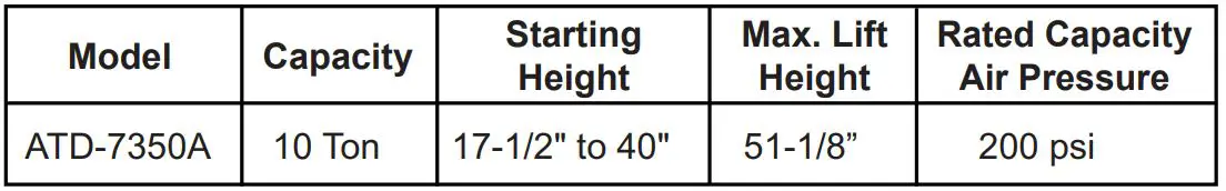 ATD-7350A 10-Ton Air Jack Support Stand - SPECIFICATIONS