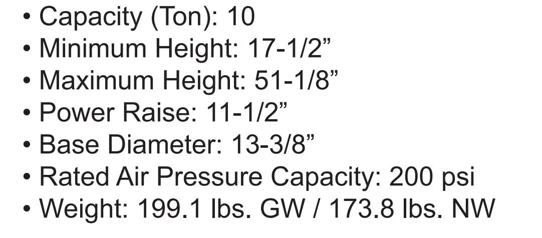 ATD-7350A 10-Ton Air Jack Support Stand - Specifications 2