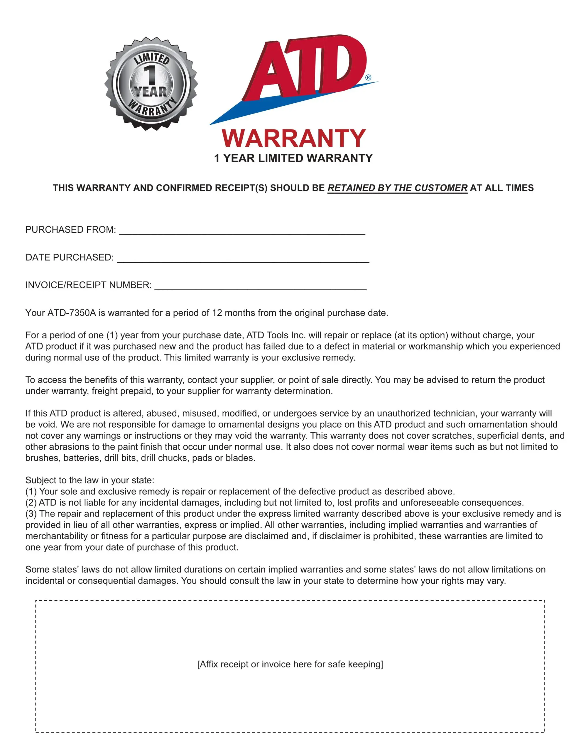 ATD-7350A 10-Ton Air Jack Support Stand - warranty