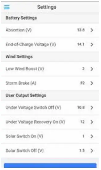 SILENTWIND Hybrid Boost Charge Controller with Wireless Connection - Settings parameters