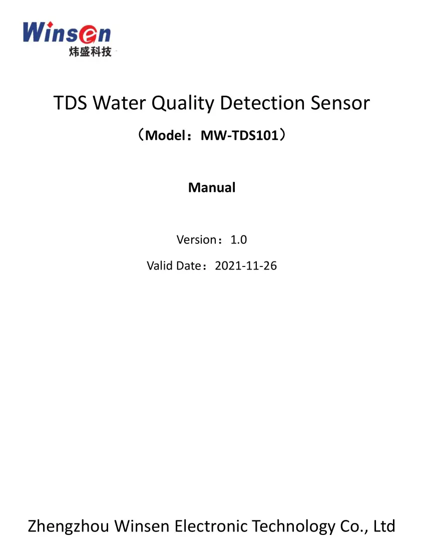 Winsen MW-TDS101 TDS Water Quality Detection Sensor User Manual